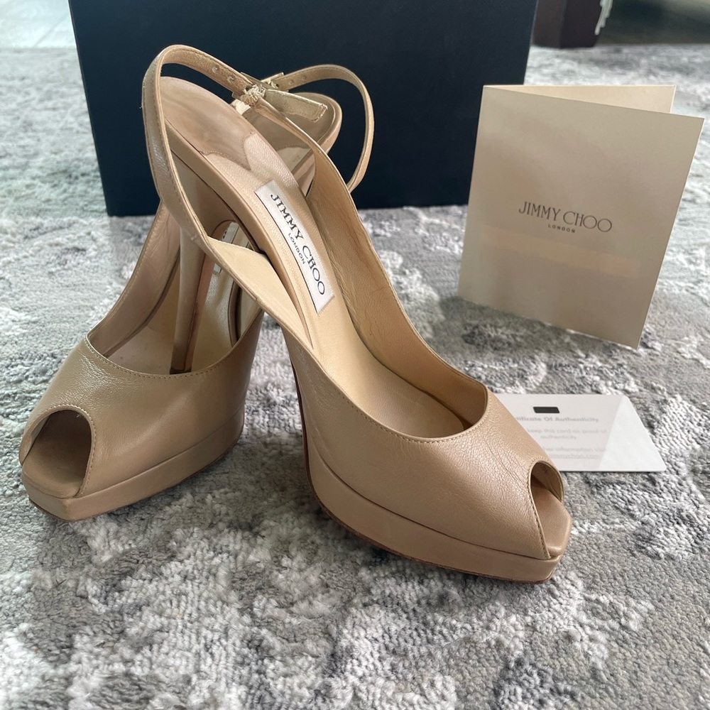 Jimmy Choo nude open toe platform sling back pump size 37.5